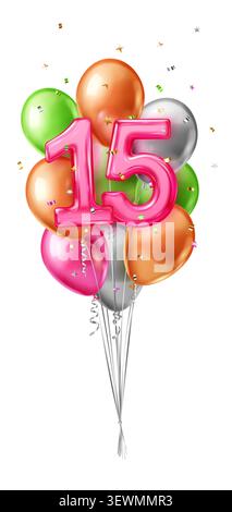 Bouquet de ballons en aluminium aux couleurs vives épelant le nombre 15 avec des confettis dispersés autour. Illustration de Vecteur