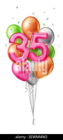 Bouquet de ballons en aluminium aux couleurs vives épelant le nombre 35 avec des confettis dispersés autour. Illustration de Vecteur