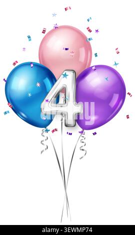 Des ballons aux couleurs vives et un flotteur argenté à 4 chiffres sur un fond blanc avec des confettis. Illustration de Vecteur