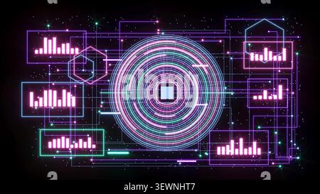 UX UI Tech Neon Circle graph bg rendu 3D. Banque D'Images