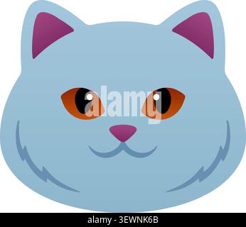 Illustration plate d'un visage de chat pelucheux gris bleu avec yeux bruns nez rose et fourrure de joue douce Illustration de Vecteur