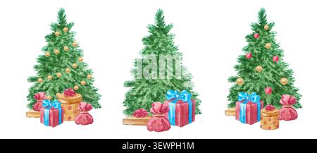Ensemble d'arbre de noël aquarelle avec boîtes cadeaux colorées et ornements festifs. Collection d'illustration de vacances d'hiver dessinée à la main isolé sur l'élément BA Banque D'Images