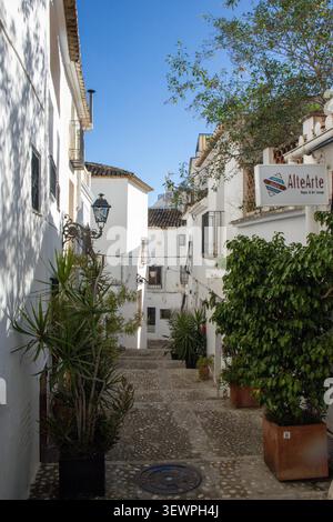 Las encantadoras calles de Altea, Alicante, con sus casas encaladas, callejones empedrados, flores coloridas y arquitectura mediterránea tradicional. Banque D'Images