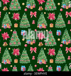 Motif aquarelle de noël sans couture avec boîte-cadeau d'arbre d'hiver festif de vacances. Ornement dessiné à la main cloche poinsettia fleur illustration élément sombre Banque D'Images
