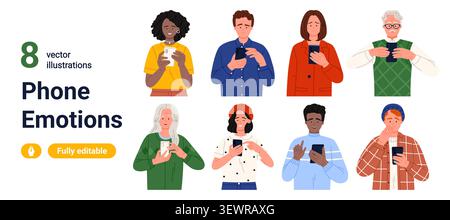 Collection de huit personnes diverses montrant différentes émotions de téléphone tout en utilisant des smartphones, y compris femme noire, homme, aîné et adolescents, isolés sur fond blanc illustration vectorielle Illustration de Vecteur