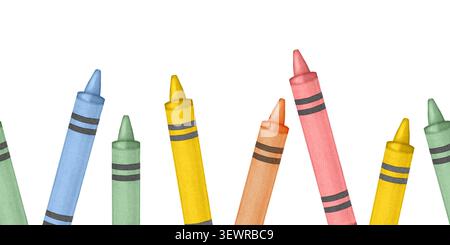Bordure sans couture aquarelle de crayons de cire colorés. Papeterie. Symbole traditionnel du 1er septembre, journée du savoir, rentrée scolaire Banque D'Images