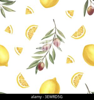 Motif sans couture. Aquarelle citrons frais et branches d'oliviers. Illustration botanique peinte à la main. Isolé sur fond blanc. Pour papier d'emballage, emballage, papeterie, décoration de cuisine. Banque D'Images
