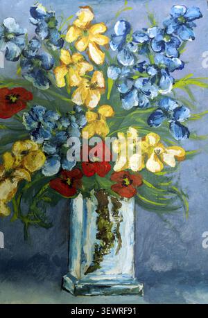 Bouquet vibrant de fleurs bleues, jaunes et rouges disposées dans un vase à colonne, créant une peinture à l'huile artistique nature morte capturant artistr traditionnel Banque D'Images