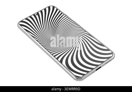 Smartphone avec écran en spirale hypnotique, représentant doomscrolling, dépendance au téléphone, distraction numérique et temps perdu en ligne, rendu 3D isolé Banque D'Images