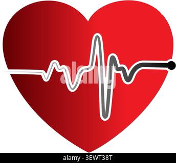 forme de coeur médical rouge gradient 3d avec concept de cardiogramme de ligne d'impulsion de battement de coeur noir pour le diagnostic clinique de soins de santé signe abstrait volumétrique de soutien de vie d'urgence, illustration de symbole de rythme de cardiologie de style de vie sain isolé sur fond blanc. Illustration de Vecteur