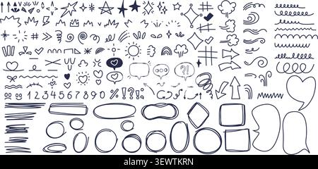 Ensemble d'éléments Doodle dessinés à la main. Bulles de parole, cadres, flèches, étoiles. Contours isolés coeurs de griffonnage, soulignements, griffonnages, symboles d'esquisse, signes, Illustration de Vecteur