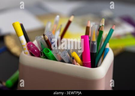 Gros plan de stylos et crayons colorés dans un organisateur de bureau Banque D'Images