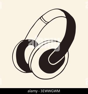 Casque minimaliste dessiné à la main. Illustration au trait d'un casque audio pour écouter de la musique ou des réunions en ligne. Symbole graphique du son Illustration de Vecteur