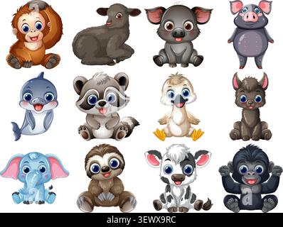 Illustration vectorielle de divers bébés animaux dans un style de bande dessinée amical avec des couleurs vives. Illustration de Vecteur