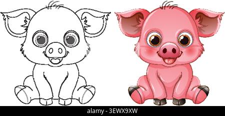 Un personnage de bébé cochon souriant présenté à la fois dans le contour noir et les styles vectoriels pleine couleur. Illustration de Vecteur