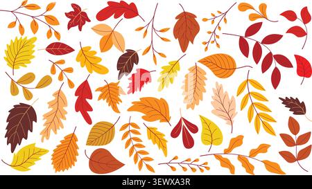 Collection de feuilles d'automne dans des tons lumineux, colorés et chauds. Feuilles de différentes tailles et formes, branches d'arbres diverses, clip Gros botanique Illustration de Vecteur