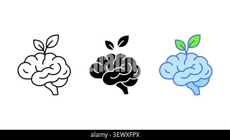 Icône de bien-être cérébral de santé mentale définir silhouette de contour et vecteur de couleur isolé sur fond blanc Illustration de Vecteur