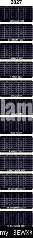 Anglais 2027 grille linéaire verticale modèle de calendrier annuel minimaliste grille horaire 12 mois d'entreprise (compatible avec 2038 et 2049). Illustration de Vecteur