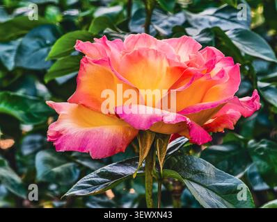 Fleur de rose fleurie avec des pétales roses et dorés vibrants, fond floral rapproché et beauté ornementale du jardin. Papier peint de photographie commerciale Banque D'Images