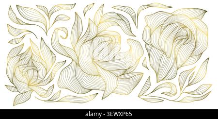 Motif floral de luxe avec des fleurs élégantes de ligne dorée, des feuilles, des éléments botaniques tropicaux, un style art déco moderne. Papier peint, papeterie de mariage Illustration de Vecteur