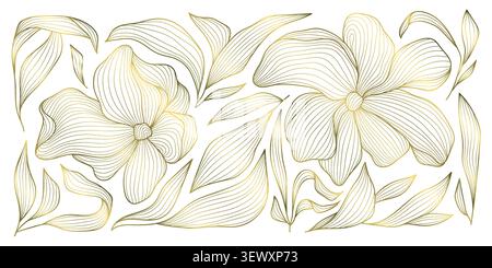 Motif floral de luxe avec des fleurs élégantes de ligne dorée, des feuilles, des éléments botaniques tropicaux, un style art déco moderne. Papier peint, papeterie de mariage Illustration de Vecteur