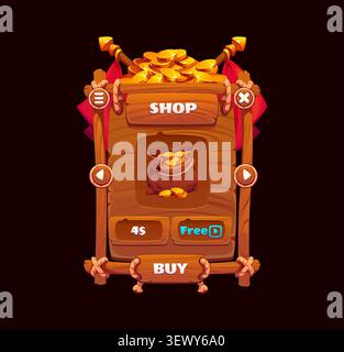 Fenêtre d'application d'interface d'interface de jeu de pirate avec des boutons sur panneau de planche en bois. Caraïbes aventure pirate et corsair jeu UI du menu de la boutique utilisateur avec option d'achat d'or au trésor pour l'écran de magasin de jeux vidéo GUI Illustration de Vecteur