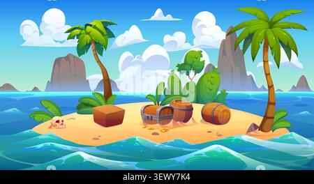 Cartoon île tropicale des Caraïbes avec des trésors de pirates. Paysage de l'île secrète entouré de vagues bleues de l'océan, plage de sable avec coffre au trésor caché, tonneaux en bois, caisse, crâne et palmiers Illustration de Vecteur