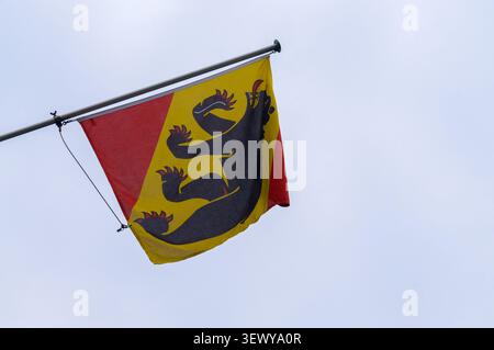 Vue en bas angle du drapeau officiel du canton et de la ville de Berne avec le symbole de l'ours noir ondulant au vent. Composition minimaliste claire ag Banque D'Images