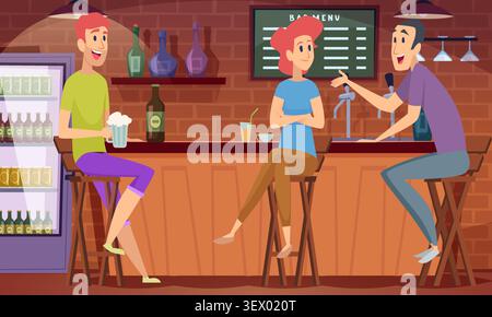 Conversation de bar. L'illustration vectorielle montre des amis parlant et buvant ensemble dans un pub confortable avec des détails intérieurs chaleureux Illustration de Vecteur