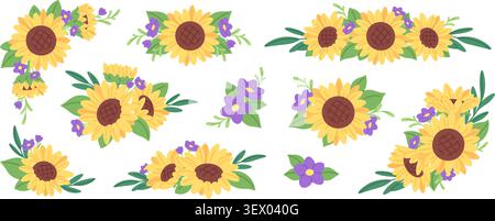Bordures florales de tournesol. Bouquets de tournesols, motifs floraux décoratifs pour invitation, cartes, journaux à balles, planificateur. Fleurs de saison, racées Illustration de Vecteur