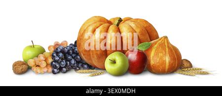 Arrangement d'automne avec des citrouilles, des raisins, des pommes et des noix sur fond blanc Banque D'Images