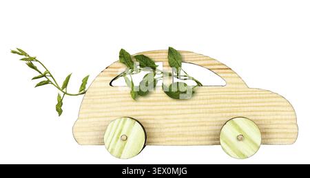 Voiture en bois avec feuilles vertes isolées sur blanc Banque D'Images