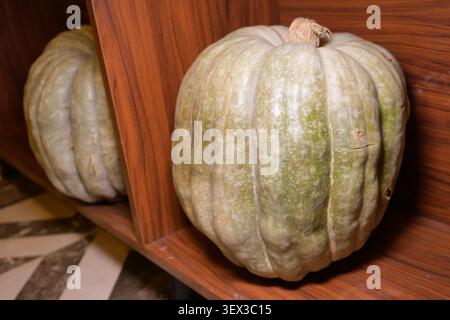 Citrouille reposant sur une étagère en bois dans un cadre intérieur Banque D'Images
