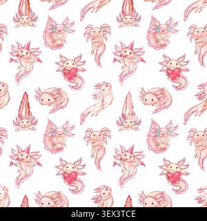 Axolotl modèle sans couture sur fond blanc. Aquarelle rose mignon personnages peints à la main bébé salamandre aquatique avec diverses émotions. Illustration Banque D'Images