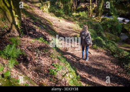 Femme marchant le long d'un chemin forestier à côté d'une rivière par une journée ensoleillée Banque D'Images