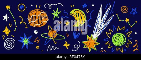 L'espace dessiné à la main gribouille avec des étoiles colorées de crayons, des planètes et des éléments cosmiques dans un style ludique de craie pastel, vecteur de bande dessinée isolé sur fond. Jeu d'icônes pour les projets créatifs des enfants, les designs Illustration de Vecteur