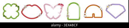 Cadres et frontières psychédéliques groovy dans Y2K hippie rétro et jolies formes pop art ondulées et funky. Cadres groovy rétro avec fleur, papillon et baiser lèvre ou ligne de diamant Squiggle design pour les autocollants enfant Illustration de Vecteur