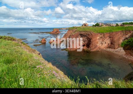 Les spectaculaires falaises de grès rouge le long de la côte de Dunbar qui fait partie de la John Muir Way, un sentier côtier de randonnée longue distance, en Écosse. Banque D'Images