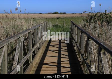 Pont piétonnier sur un barrage au sud de la réserve naturelle de Cley Marshes à Cley next the Sea, Norfolk, Angleterre, Royaume-Uni. Banque D'Images