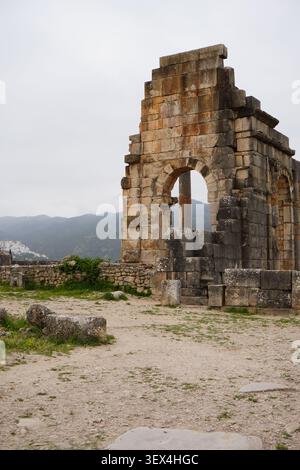 Ruines d'une basilique romaine dans l'antique Volubilis. Ensemble de ruines de la ville romaine de Volubilis, région de Meknès, Maroc, Afrique du Nord. Ville romaine antique. Banque D'Images