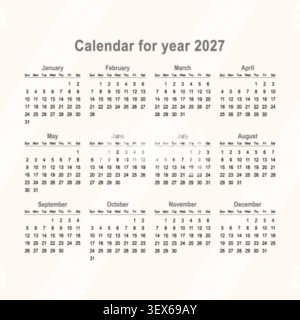 Calendrier annuel pour l'année 2027. La semaine commence lundi. Texte anglais Illustration de Vecteur