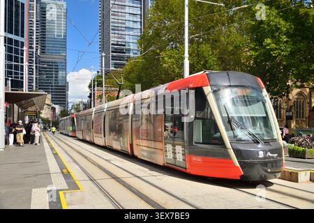 Australie, Nouvelle-Galles du Sud, Sydney, centre-ville, George Street en face de la mairie de Sydney, tramway léger L3 Kingsford en direction de Circular Quay, avec arrêt de la mairie, gratte-ciel et cathédrale St Andrew en arrière-plan Banque D'Images