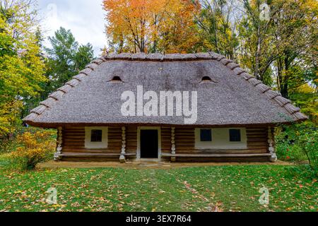 Une ancienne demeure en bois avec un épais toit de chaume se dresse au milieu d'un feuillage d'automne vibrant et de feuilles tombées sur le sol Banque D'Images