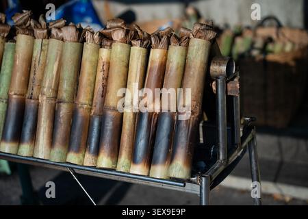 Préparation du dessert Khao Lam ou Lemang, riz collant lentement rôti dans des pousses de bambou sur des charbons Banque D'Images
