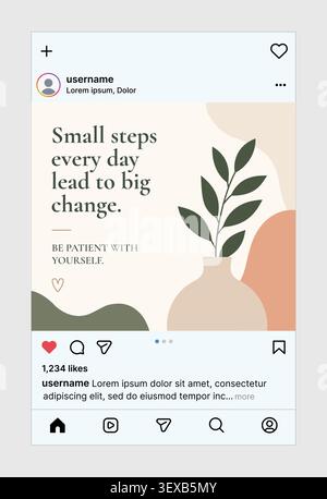 Modèle d'interface utilisateur de post Instagram avec carte de devis inspirante, mise en page des flux de médias sociaux et vecteur d'écran d'application mobile Illustration de Vecteur