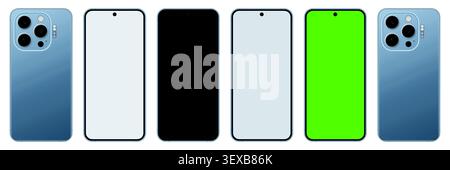 Ensemble de maquette de smartphone moderne avec avant, arrière, écran vierge, écran noir et vecteur de modèles d'écran de clé chroma vert Illustration de Vecteur
