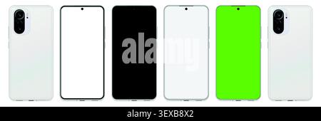 Ensemble de maquettes de smartphone avec vues avant et arrière, écran blanc, affichage noir et vecteur de modèles d'appareils mobiles à clé chromatique verte Illustration de Vecteur