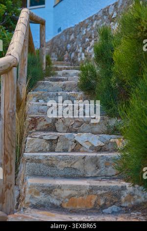 Vieil escalier étroit en pierre avec des mains courantes en bois vieilli, menant vers le haut à travers un environnement extérieur naturel ou historique Banque D'Images