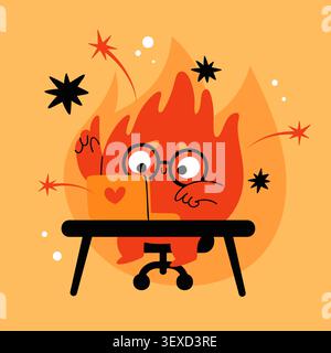 Mascotte de feu drôle travaillant sur ordinateur portable. Personnage de flamme de dessin animé mignon avec des lunettes pour l'étude, le bureau, le codage ou les applications de chat, symbole d'épuisement professionnel, réaction au stress Illustration de Vecteur