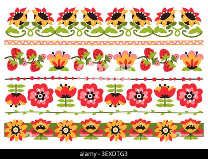 Frontières folkloriques scandinaves. Garnitures florales, fleurs, baies, ornements décoratifs pour textiles, emballages et motifs, éléments de conception de motifs botaniques Illustration de Vecteur